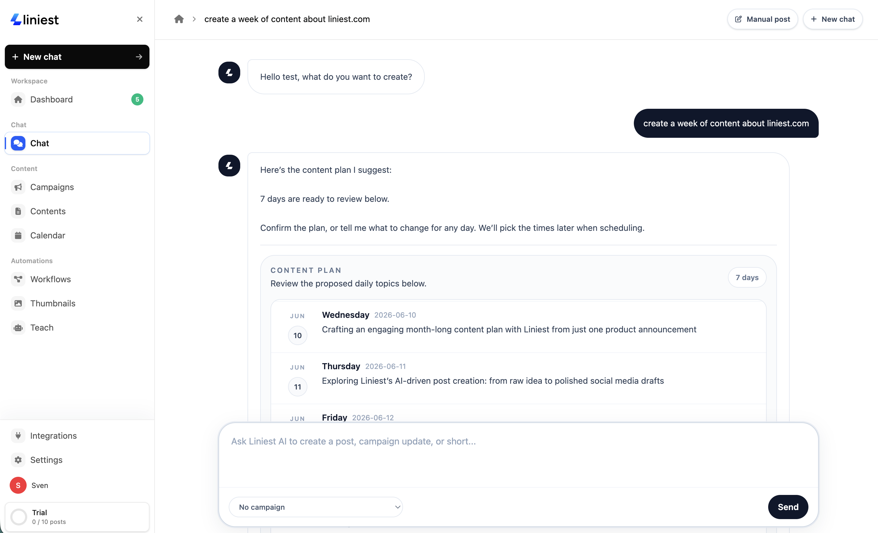 Liniest AI chat creating a week-long content plan